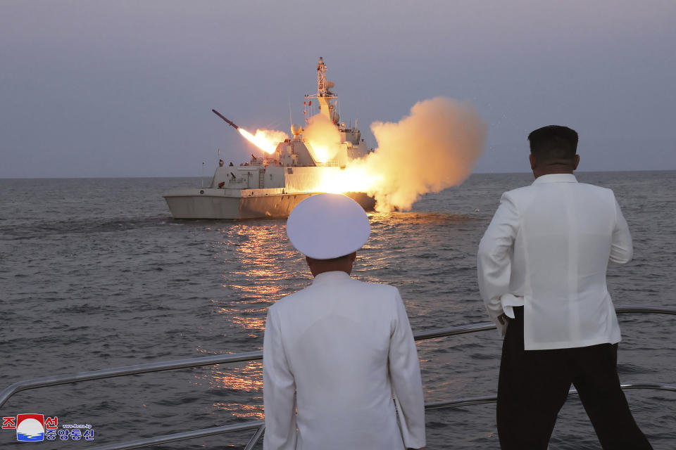 FILE - In this undated photo provided on Aug. 21, 2023, by the North Korean government, North Korean leader Kim Jong Un, right, observes what it says the test-firing of strategic cruise missiles. Independent journalists were not given access to cover the event depicted in this image distributed by the North Korean government. The content of this image is as provided and cannot be independently verified. Korean language watermark on image as provided by source reads: "KCNA" which is the abbreviation for Korean Central News Agency. (Korean Central News Agency/Korea News Service via AP, File)