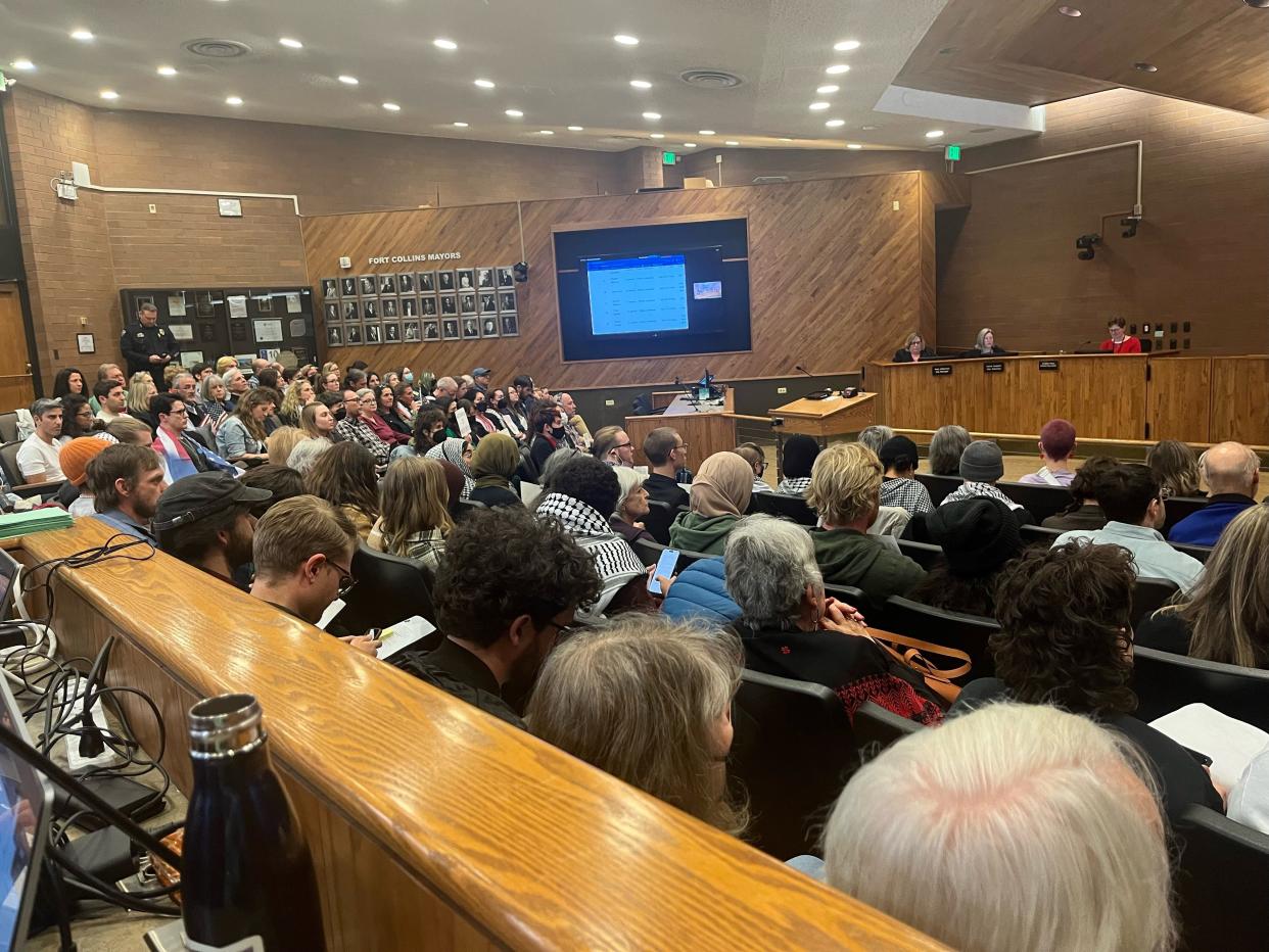 A big crowed filled the City Council chambers at Fort Collins City Hall on Tuesday to speak about a potential resolution by council to support a cease-fire in Gaza.