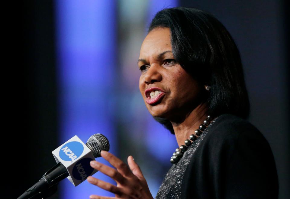 Former Secretary of State Condoleeza Rice speaks at the NCAA Convention in 2016.