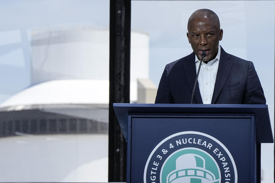 Chris Womack, chairman of the board, president and CEO of Southern Company speaks, Friday, May 31, 2024, in Waynesboro, Ga. U.S. Energy Secretary Jennifer Granholm visited a newly completed nuclear reactor at the Alvin W. Vogtle Electric Generating Plant. (AP Photo/Mike Stewart)