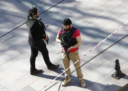 Police secure the area after an explosion near the Ottoman-era Sultanahmet mosque, known as the Blue mosque in Istanbul, Turkey January 12, 2016. REUTERS/Murad Sezer