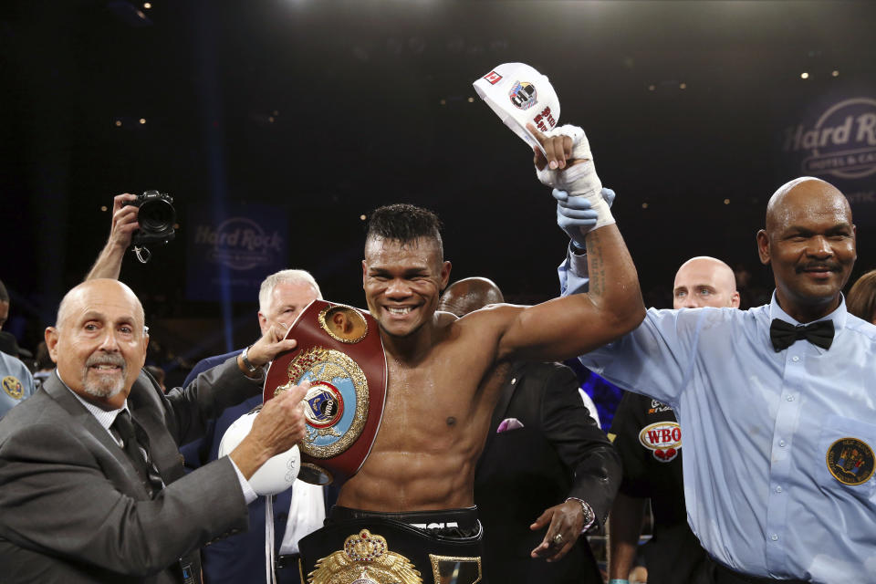 Eleider Alvarez celebrates after he knocked out Sergey Kovalev, of Russia, in the seventh round of their boxing bout at 175 pounds, Saturday, Aug. 4, 2018, in Atlantic City, N.J. (AP Photo)