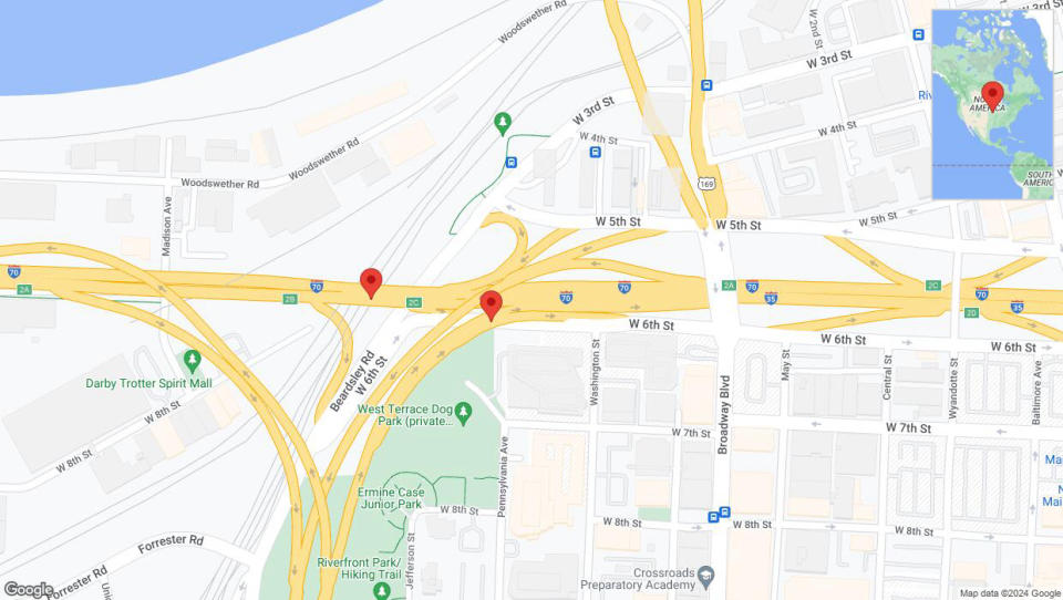 A detailed map that shows the affected road due to 'US-169 North: bridge closed from exit 2C to West Sixth Street' on July 26th at 9:47 p.m.