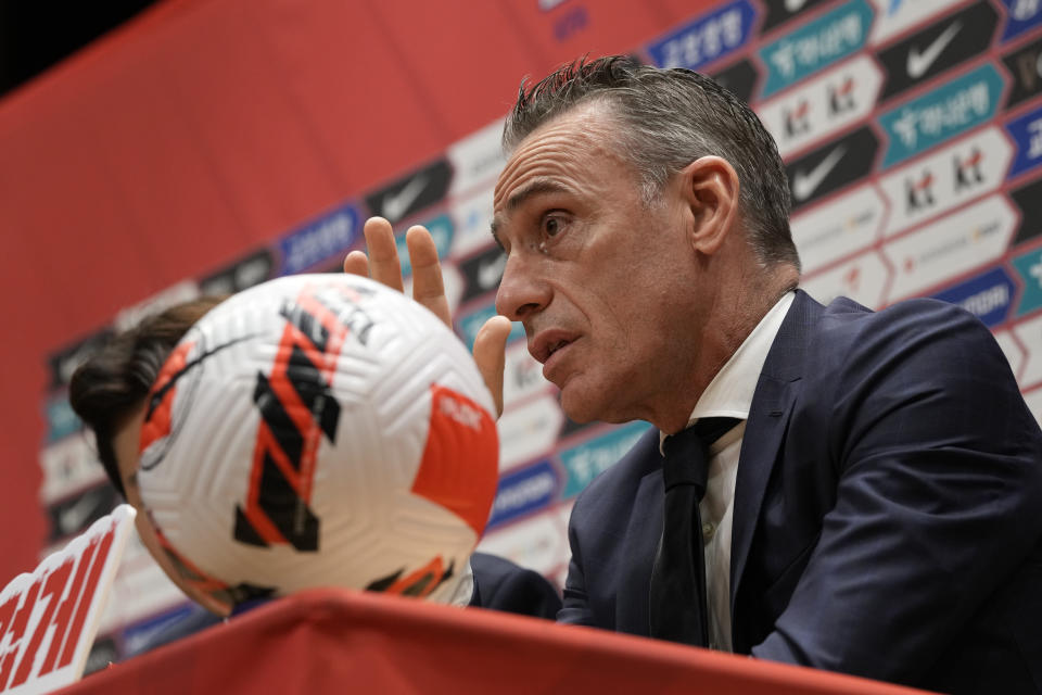 South Korean national soccer team head coach Paulo Bento speaks during a press conference to announce the South Korean squad for the Qatar 2022 World Cup in Seoul, South Korea, Saturday, Nov. 12, 2022. (AP Photo/Ahn Young-joon)