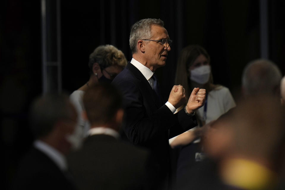 NATO Secretary General Jens Stoltenberg speaks with the media as he arrives for a NATO summit at NATO headquarters in Brussels, Monday, June 14, 2021. U.S. President Joe Biden is taking part in his first NATO summit, where the 30-nation alliance hopes to reaffirm its unity and discuss increasingly tense relations with China and Russia, as the organization pulls its troops out after 18 years in Afghanistan.(AP Photo/Francisco Seco, Pool)
