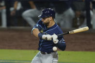 Tampa Bay Rays' Kevin Kiermaier is hit in the wrist by pitch from Houston Astros pitcher Enoli Paredes (60) during the sixth inning in Game 3 of a baseball American League Championship Series, Tuesday, Oct. 13, 2020, in San Diego. (AP Photo/Gregory Bull)