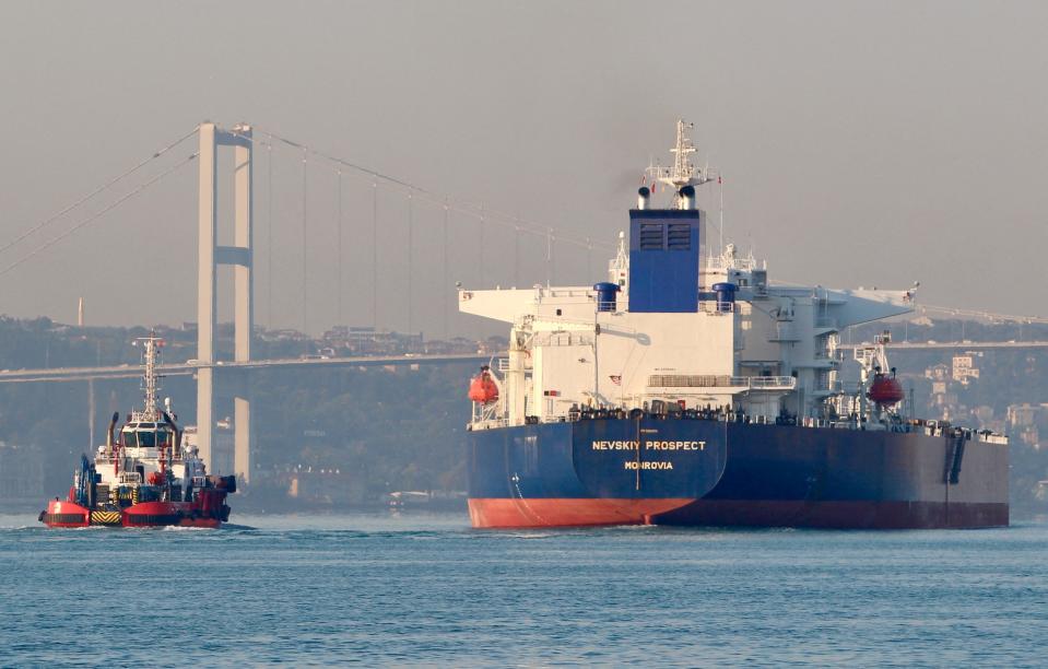 Crude oil tanker Nevskiy Prospect, owned by Russia's leading tanker group Sovcomflot, transits the Bosphorus in Istanbul, Turkey (REUTERS)