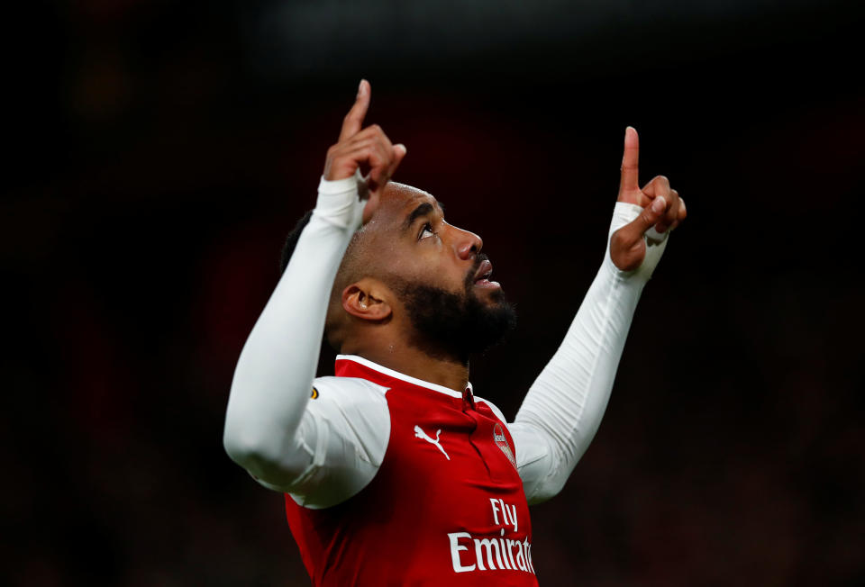 <p>Soccer Football – Europa League Semi Final First Leg – Arsenal vs Atletico Madrid – Emirates Stadium, London, Britain – April 26, 2018 Arsenal’s Alexandre Lacazette celebrates scoring their first goal REUTERS/Eddie Keogh </p>