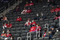 Fans sit socially distanced during the second period of an NHL hockey game between the Detroit Red Wings and Tampa Bay Lightning, Tuesday, March 9, 2021, in Detroit. (AP Photo/Paul Sancya)