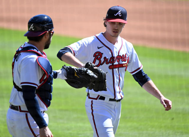 Austin Riley of the Atlanta Braves blows a bubble before a game News  Photo - Getty Images