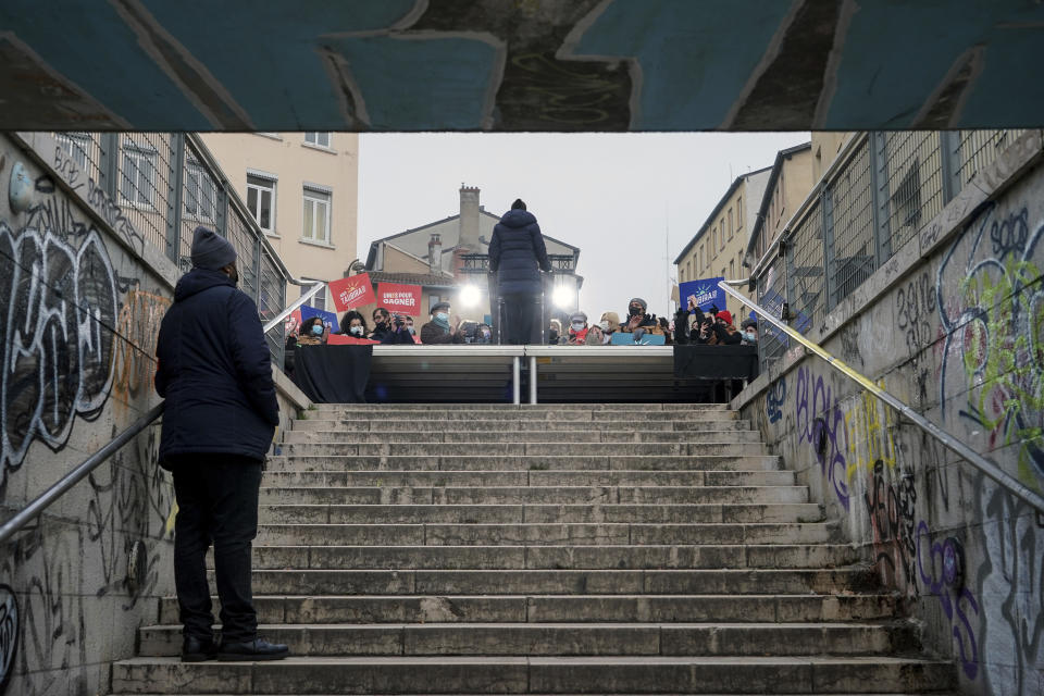 Former left-wing socialist minister Christiane Taubira delivers a speech to announce that she is candidate for the French presidential election 2022 during a visit in Lyon, central France, Saturday, Jan. 15, 2022. (AP Photo/Laurent Cipriani)