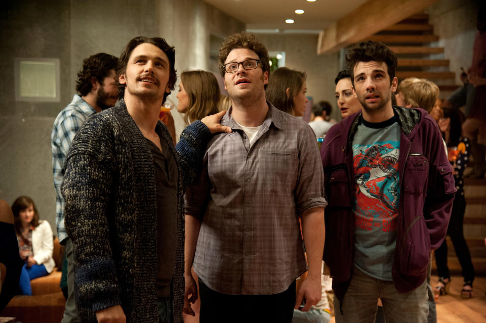 This film publicity image released by Columbia Pictures shows, from left, James Franco, Seth Rogen and Jay Baruchel in a scene from "This Is The End." (AP Photo/Columbia Pictures - Sony, Suzanne Hanover)