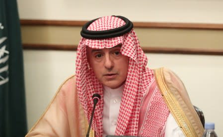Saudi Arabia's FM Adel al-Jubeir speaks at a briefing with reporters in London
