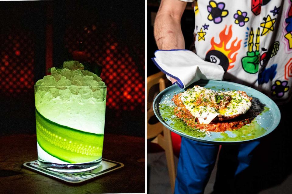Two photos show a drink and a dish at the Superfrico restaurant and the Ski Lounge cocktail bar at the Cosmopolitan hotel in Las Vegas
