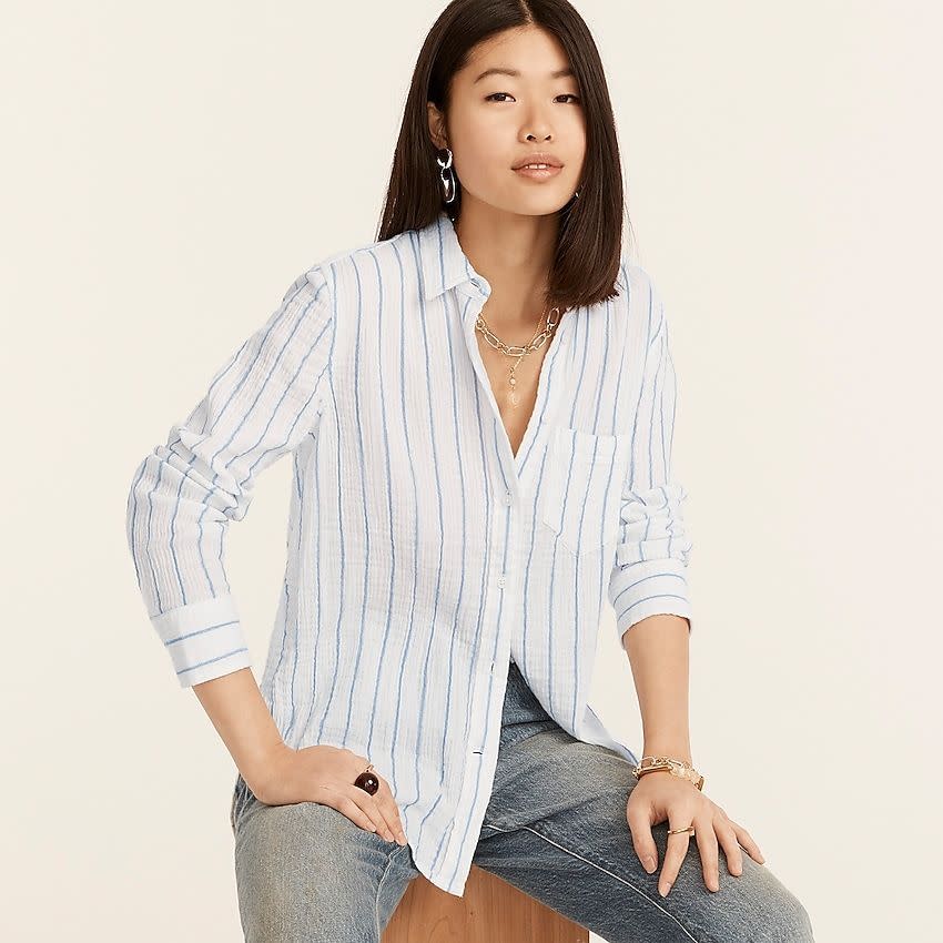 <p><strong>J.Crew</strong></p><p>jcrew.com</p><p><strong>$98.00</strong></p><p><a href="https://go.redirectingat.com?id=74968X1596630&url=https%3A%2F%2Fwww.jcrew.com%2Fm%2Fwomens%2Fcategories%2Fclothing%2Fshirts-and-tops%2Fgauze-tops%2Fclassic-fit-soft-gauze-shirt%2FMP900&sref=https%3A%2F%2Fwww.townandcountrymag.com%2Fstyle%2Ffashion-trends%2Fg40301403%2Fthe-weekly-covet-june-24-2022%2F" rel="nofollow noopener" target="_blank" data-ylk="slk:Shop Now;elm:context_link;itc:0" class="link ">Shop Now</a></p><p>"This gauze shirt has quickly made it into my summer go-tos. It gives the dress-up factor of a button down, but is light and breezy for the hot weather, and the crinkled texture not only adds a cool effortlessness, it's also basically wrinkle-proof—perfect for travel." — <em>Lauren Hubbard, Contributor</em></p>