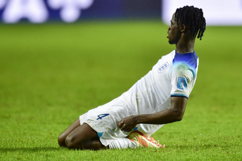 England's Darko Gyabi celebrates scoring his side's 3rd goal against Uruguay during a FIFA U-20 World Cup Group E soccer match at Diego Maradona stadium in La Plata, Argentina, Thursday, May 25, 2023. (AP Photo/Gustavo Garello)