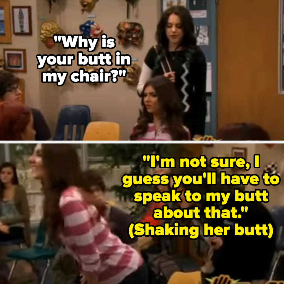 Two characters from the TV show iCarly in a comedic scene, with dialogue text overlaid