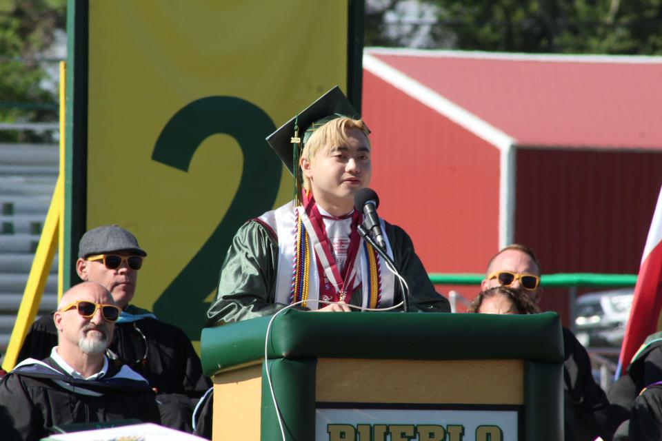 SEBS Salutatorian Eric David addresses the Class of 2023 during the Pueblo County High School graduation ceremony held at Pueblo County High School on May 27, 2023.