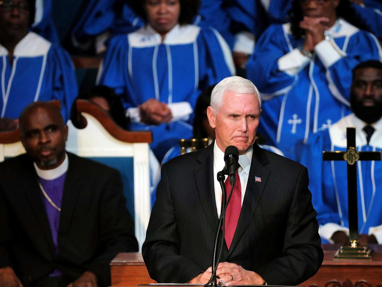 Mike Pence speaks to the congregation of the Holy City Church of God In Christ: AP