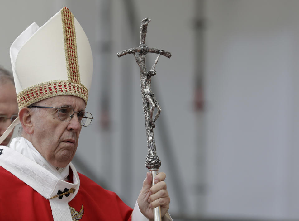 Pope Francis holds his pastoral staff as he arrives to celebrate a Mass in Freedom Square in Tallinn, Estonia, Tuesday, Sept. 25, 2018. Pope Francis concludes his four-day tour of the Baltics visiting Estonia. (AP Photo/Andrew Medichini)