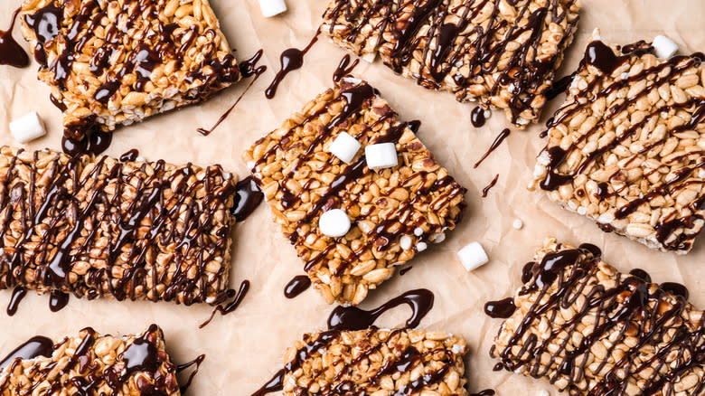 Rice Krispies Treats with chocolate drizzled