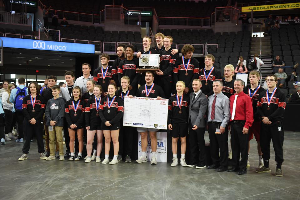 The Sturgis Brown boy's wrestling team poses for the class A boy's state wrestling championship on Saturday, Feb. 24, 2024 at the Denny Sanford Premier Center in Sioux Falls.