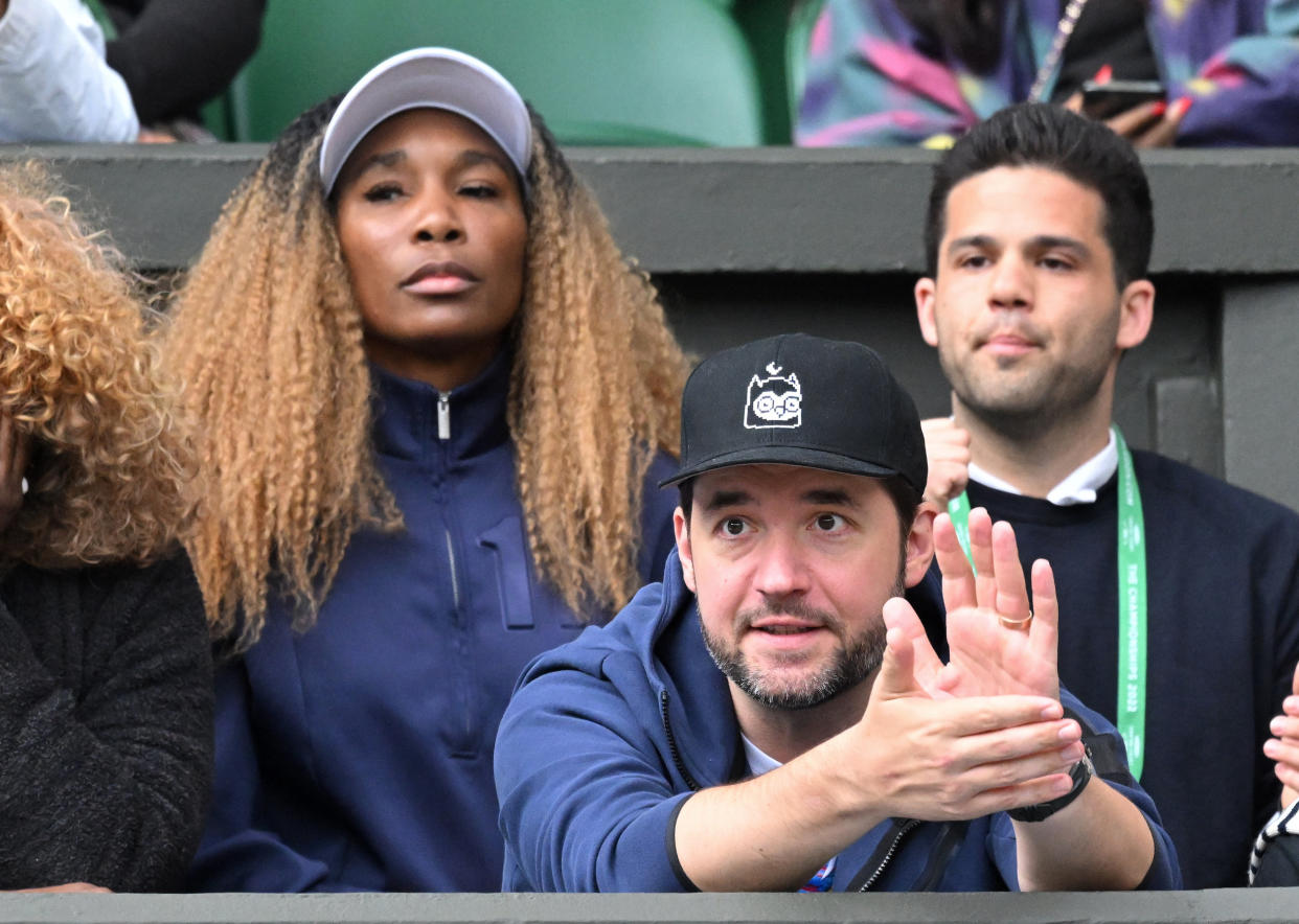 Alexis Ohanian cheers on his wife during day two of the Wimbledon Tennis Championships 2022 on June 28. (Karwai Tang / WireImage)