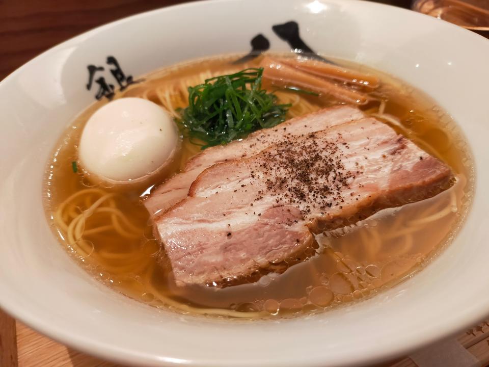 bowl of ramen at Chukasoba Ginza Hachigou with pork and soft boiled egg