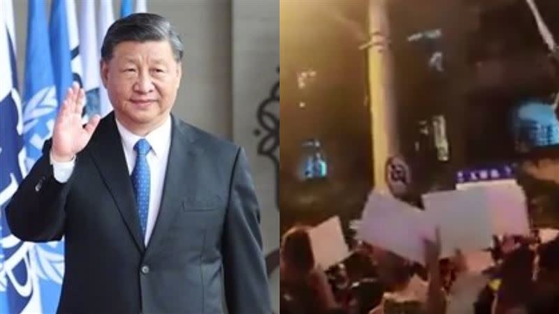 中國爆發白紙革命，中國人民走上街頭，高喊「習近平下台」。（合成圖／翻攝自新華社、推特）