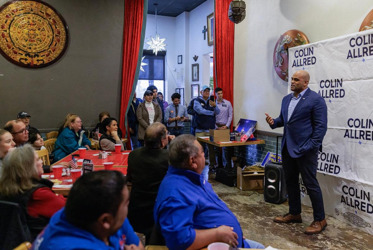 U.S. Rep. Colin Allred, D-Dallas, speaks to supporters during a stop for his U.S. Senate campaign in McAllen on Feb. 17, 2024. Rep. Allred is running against Texas Senator Roland Gutierrez for the March 5 primary election in hopes to be the Democratic candidate that goes head to head with incumbent Ted Cruz for the general election in November.