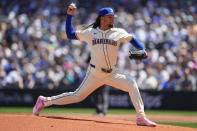 Seattle Mariners starting pitcher Luis Castillo throws against the Oakland Athletics during the first inning of a baseball game Sunday, May 12, 2024, in Seattle. (AP Photo/Lindsey Wasson)