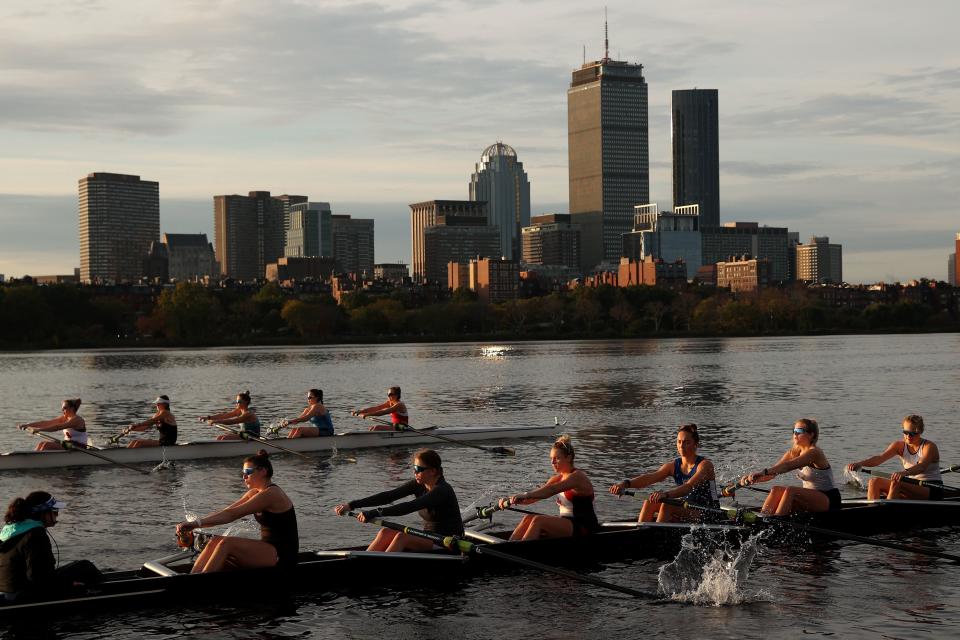 BOSTON, MASSACHUSETTS - OCTOBER 21: Members of the Radcliffe Women's Heavyweight Crew team train on the Charles River in preparation for the Head of the Charles Regatta on October 21, 2021 in Cambridge, Massachusetts. (Photo by Maddie Meyer/Getty Images)