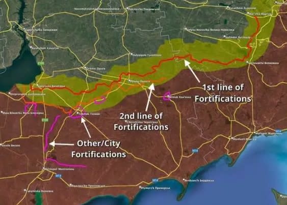 俄軍為防烏軍反攻，設下3道防線嚴密防守。   圖 : 翻攝自推特