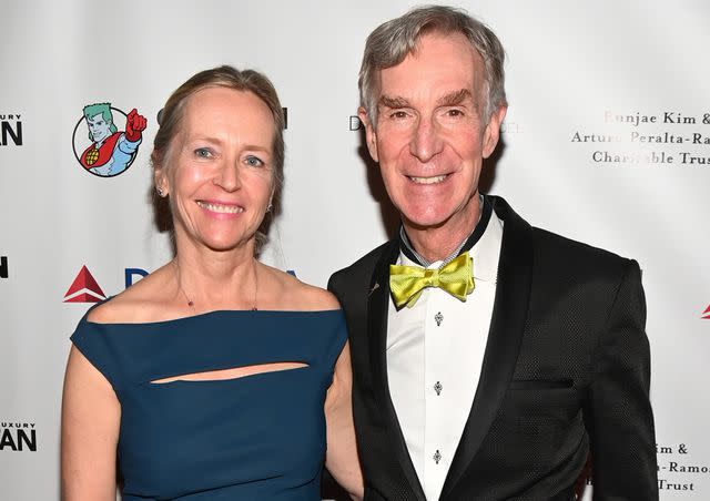 <p>Paras Griffin/Getty</p> Liza Mundy and Bill Nye in 2022.