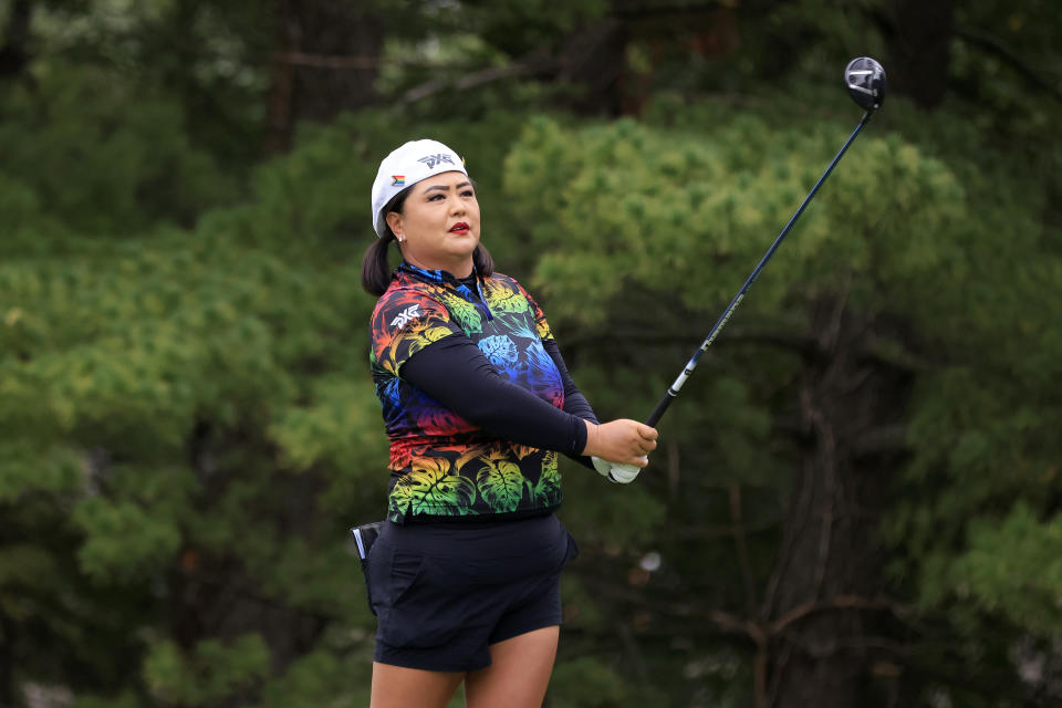 Christina Kim of the United States plays her shot from the fifth tee during the second round of the Kroger Queen City Championship presented by P&G at Kenwood Country Club on Sept. 08, 2023, in Cincinnati, Ohio. (Photo by Justin Casterline/Getty Images)