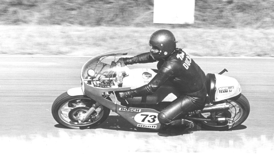 Racer Errol James competing with a Ducati 750 Imola Desmo motorcycle in South Africa, circa 1973.