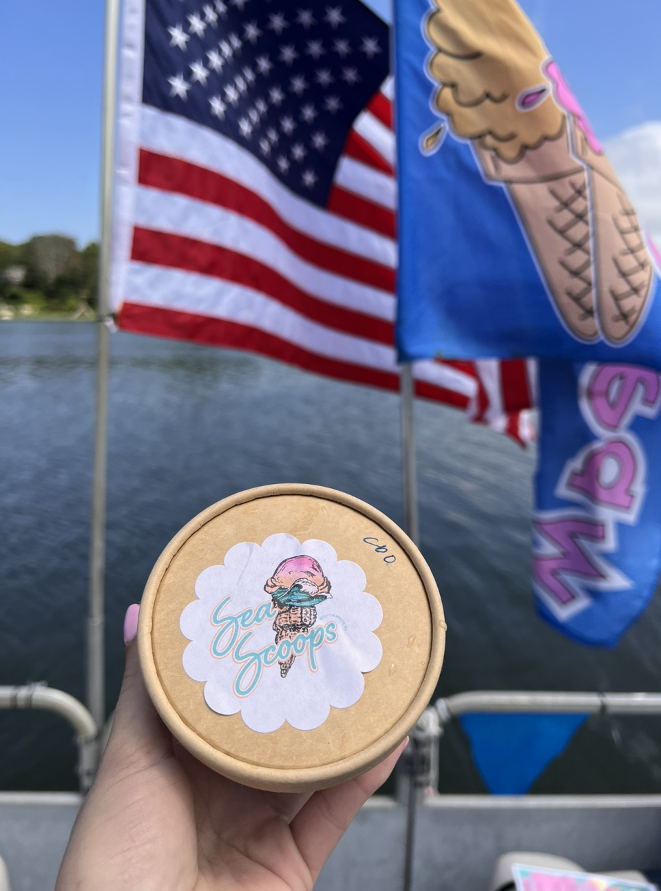 Sea Scoops ice cream cup, in early July at West Falmouth Harbor.