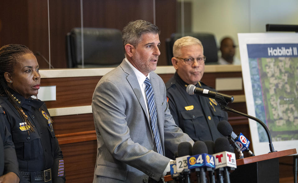 Lauderhill Police Lt. Mike Bigwood speaks during a news conference, Wednesday, June 23, 2021, in Lauderhill, Fla., after two young girls were found dead in a canal a day earlier. (Michael Laughlin/South Florida Sun-Sentinel via AP)