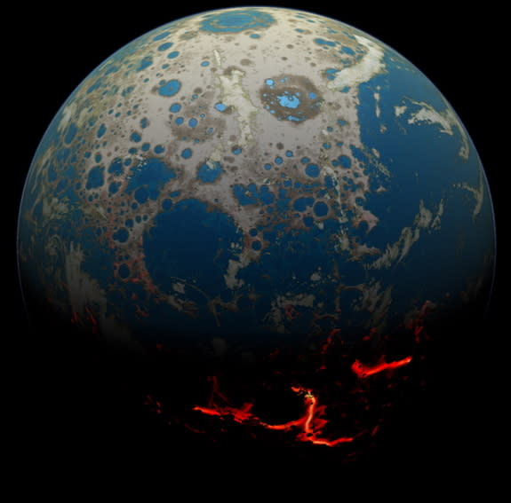 This artist's illustration shows a close-up of the early Earth, revealing magma extrusion on the surface and the scars from severe cosmic bombardment. Image released on July 30, 2014.