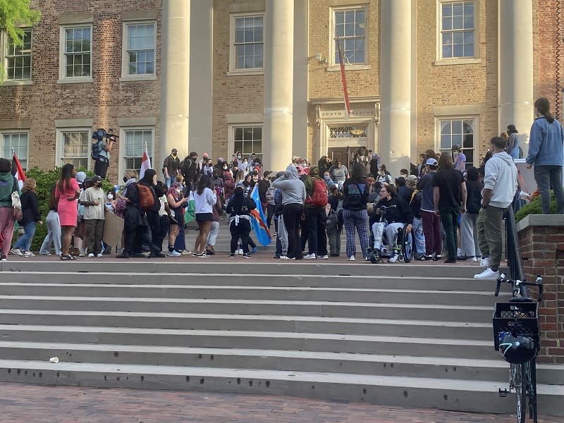 Protestors are now outside the South Building on UNC Chapel Hill’s campus demanding to speak to administrators. (Joseph Holloway / CBS 17)