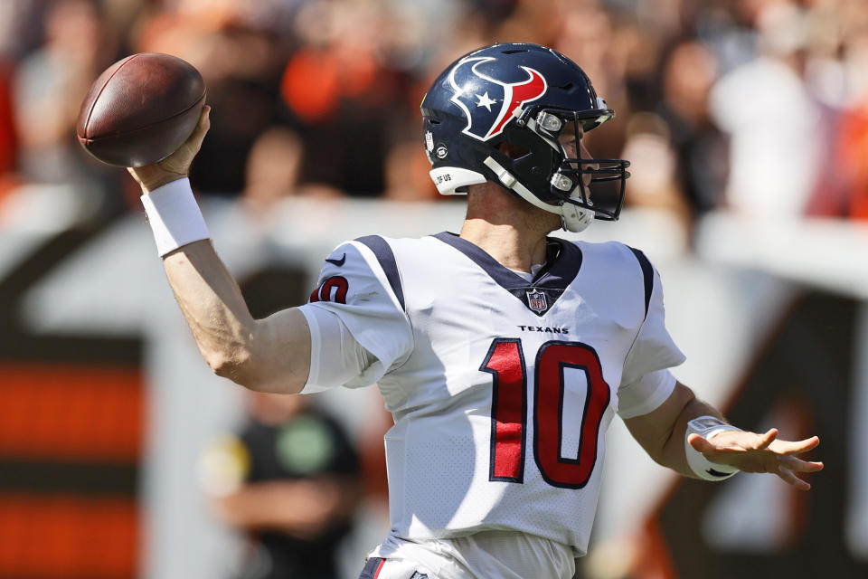Houston Texans quarterback Davis Mills throws during the second half of an NFL football game against the Cleveland Browns, Sunday, Sept. 19, 2021, in Cleveland. (AP Photo/Ron Schwane)