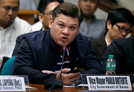 Paolo Duterte, Davao's Vice Mayor and son of President Rodrigo Duterte, testifies at a Senate hearing on drug smuggling in Pasay, Metro Manila, Philippines, September 7, 2017. REUTERS/Erik De Castro