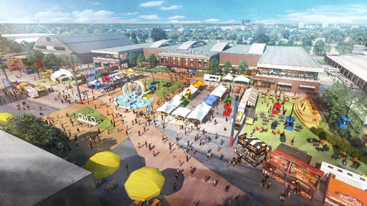 A master plan for the Ohio Expo Center & State Fair released Thursday included this artist rendering depicting a planned "town square" on the site of the current Bricker Building at the complex.