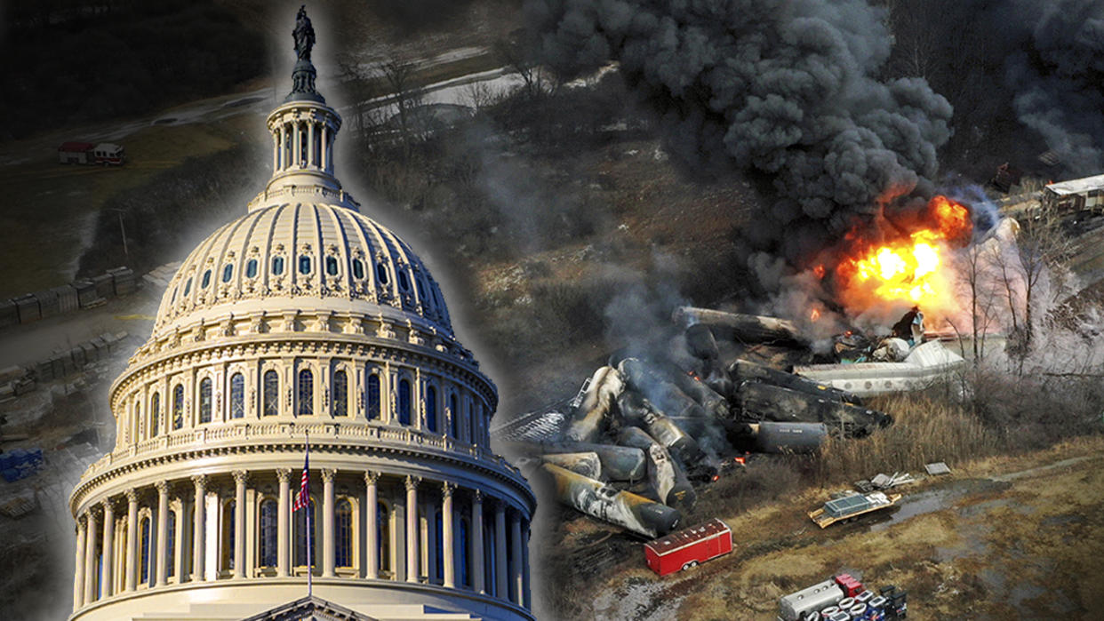 Senate hearing on the Norfolk Southern freight train that derailed in East Palestine, Ohio. (Photo illustration: Kelli R. Grant/Yahoo News; photos: Eric Baradat/AFP via Getty Images, Gene J. Puskar/AP)