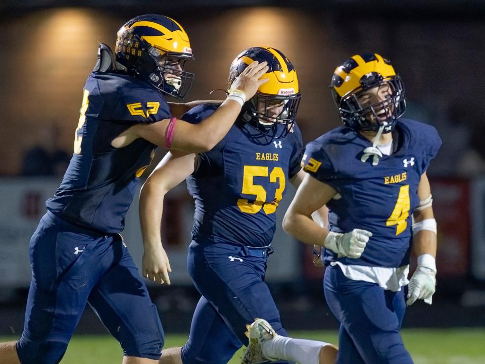 Hartland's defense, led by linebacker Chase Kern (53), has allowed only 13.6 points per game the past two seasons under the guidance of defensive coordinator Thomas Stevenson.