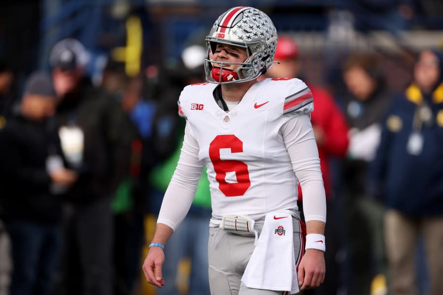 ANN ARBOR, MICHIGAN – NOVEMBER 25: Kyle McCord #6 of the Ohio State Buckeyes warms up prior to the game against the Michigan Wolverines at Michigan Stadium on November 25, 2023 in Ann Arbor, Michigan. (Photo by Gregory Shamus/Getty Images)