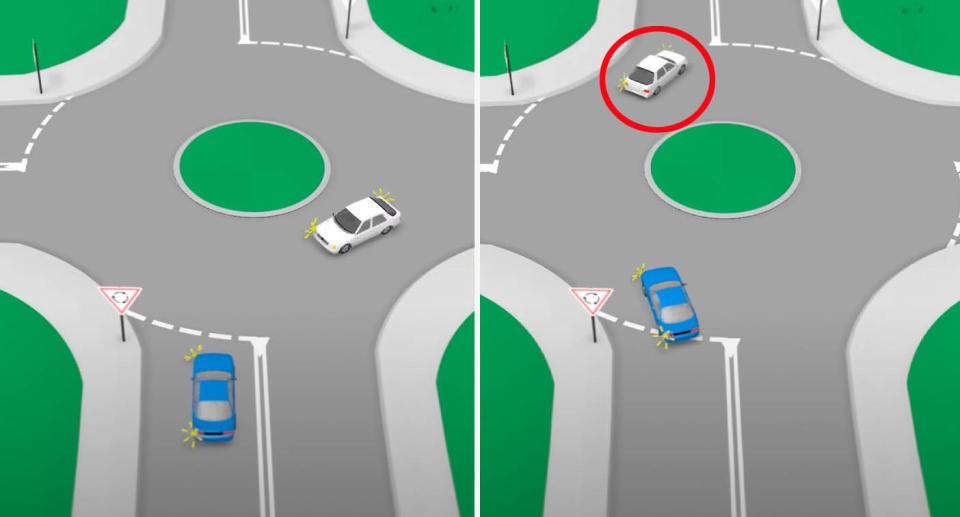 Diagram showing how drivers must indicate at roundabouts. 