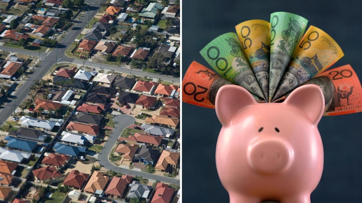 Pictured: Australian houses, piggy bank with Australian cash. Superannuation concept. Images: Getty