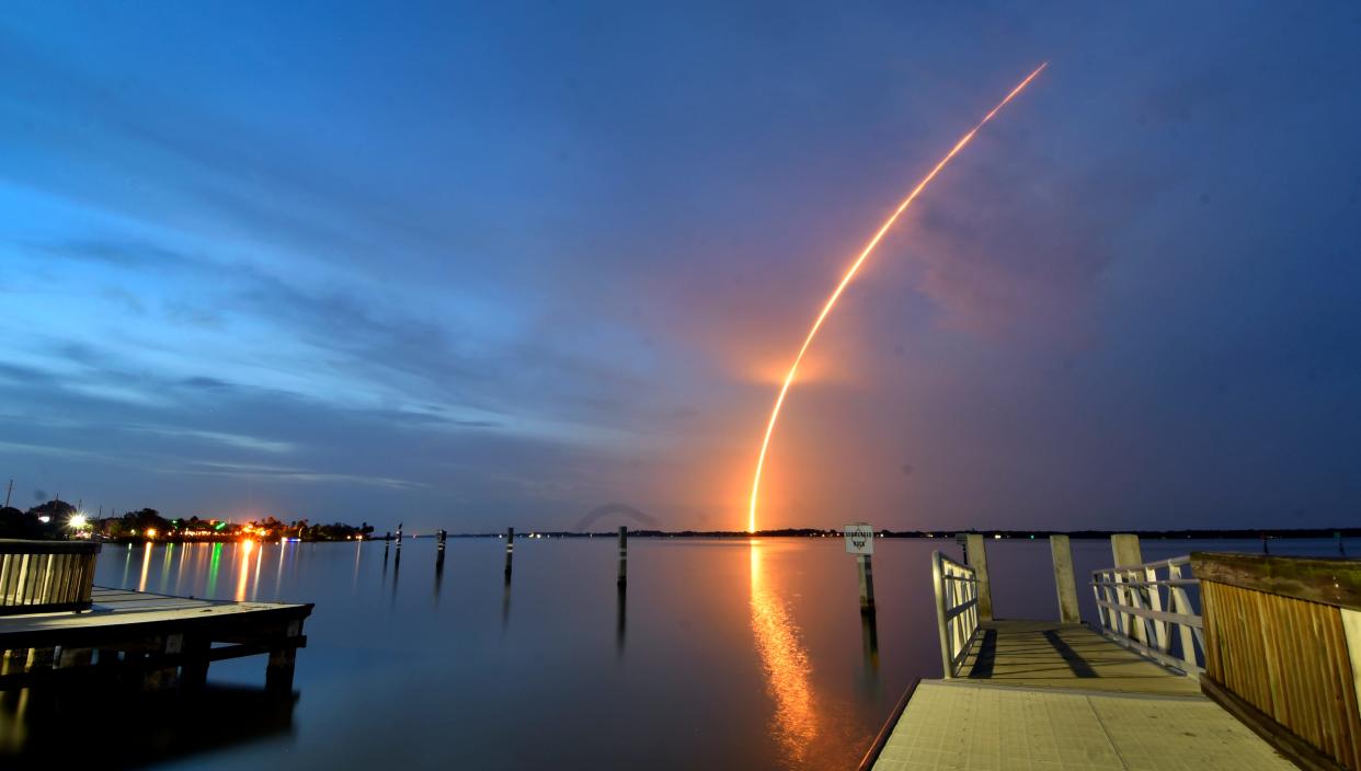 A time exposure of the launch of the SpaceX Falcon 9 rocket and batch of Starlink internet satellites from Cape Canaveral Space Force Base on July 23.