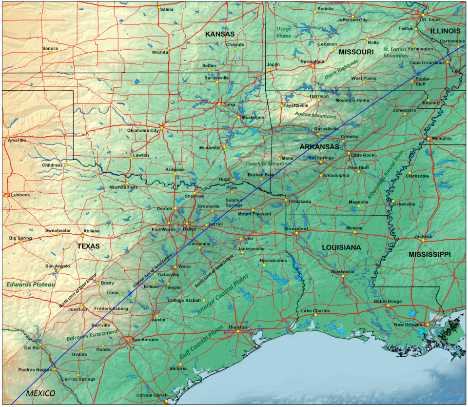 topographic map of the US and the path of totality that the moon's shadow will take on April 8.